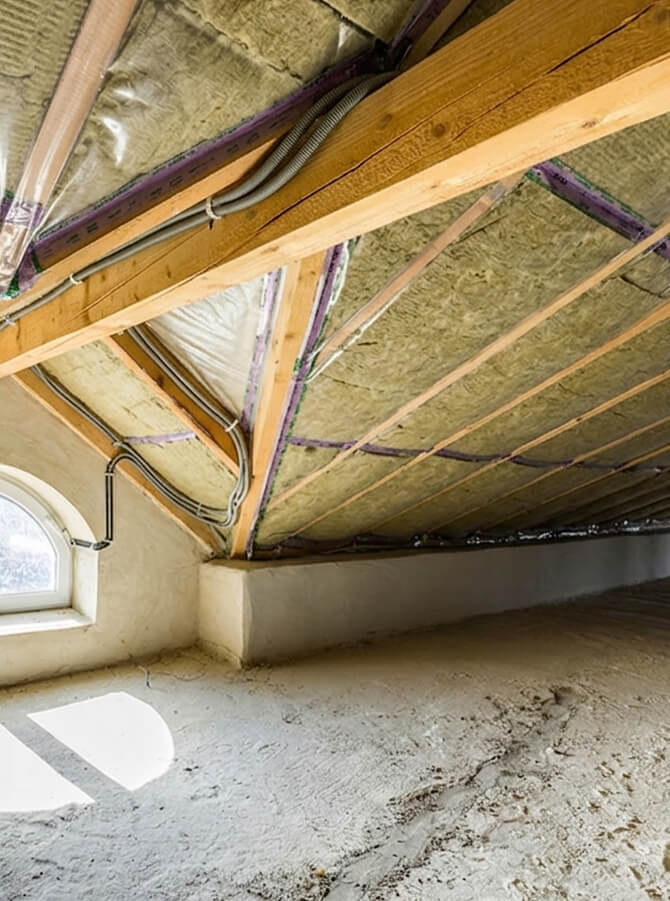 Étapes d'installation d'une isolation double couche sous charpente Artisan couvreur posant des suspentes et des rouleaux d'isolant sous toiture